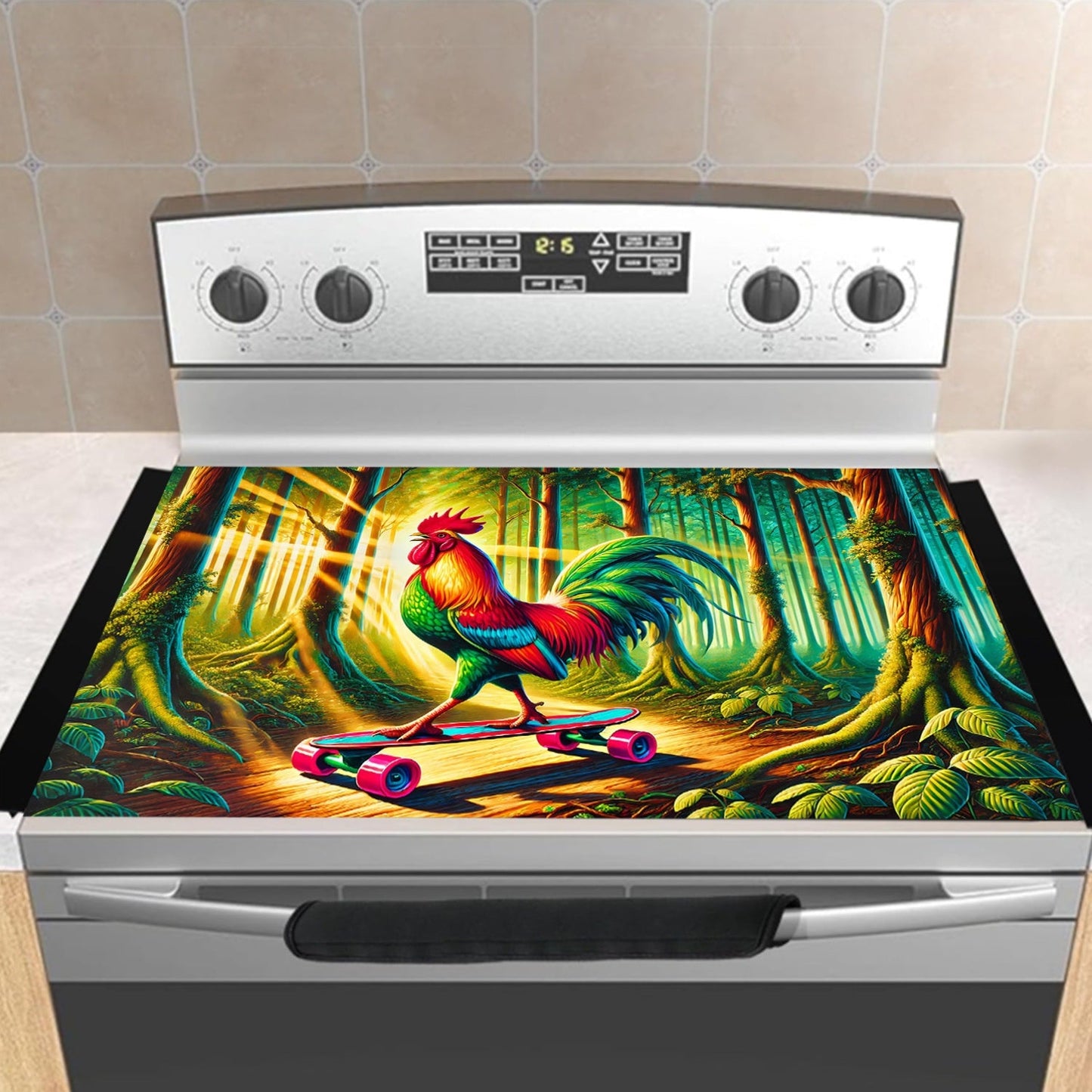 Protect your appliances with the 1pc Spring Rooster Skateboard Design Anti-Slip Waterproof Stove Cover. This heat-resistant cover provides scratch protection for electric stoves, washing machines, dryers, and ironing mats. Easy to clean and no battery