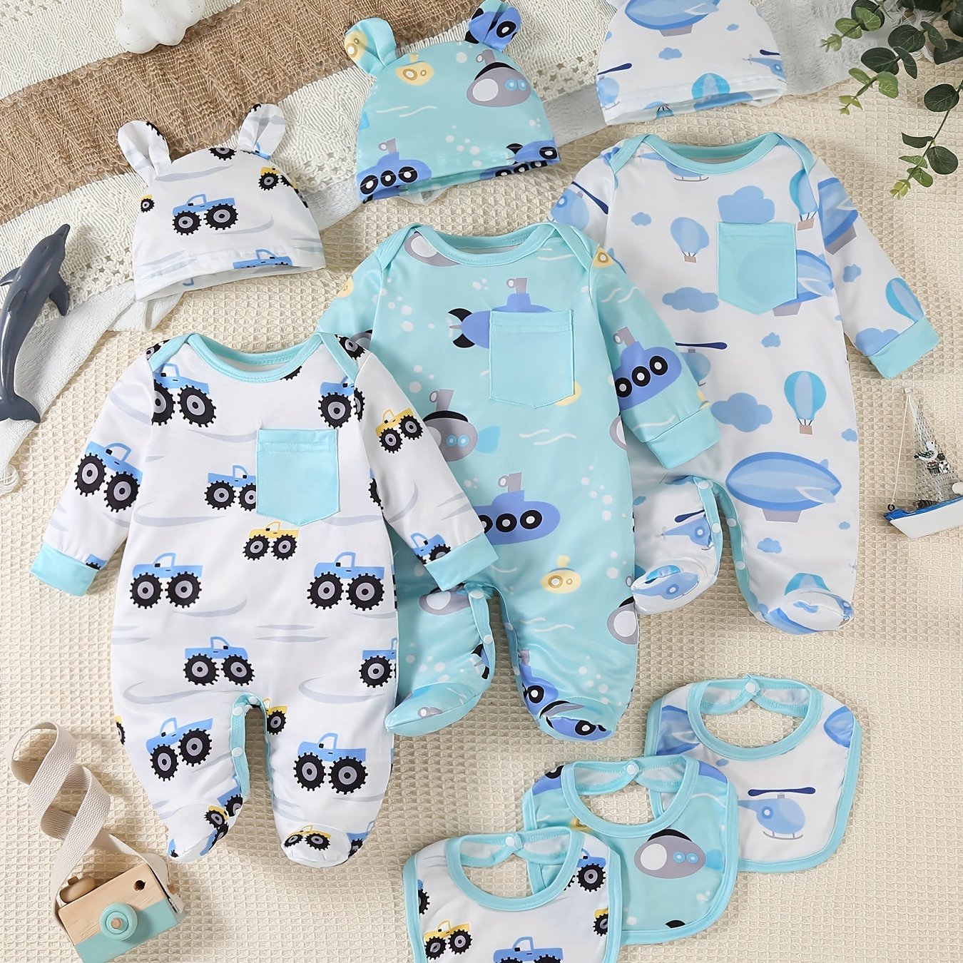 SHIXUANBAOBEI 9pcs newborn long sleeve wrap bodysuit featuring printed cartoon designs. Includes bunny hat and drooling towel. Soft and comfortable, perfect as a gift for every baby. Ideal