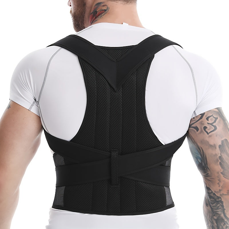 Adjustable men's vest with wide waist support and back brace made of neoprene, polyester, and nylon blend, in a sports style.