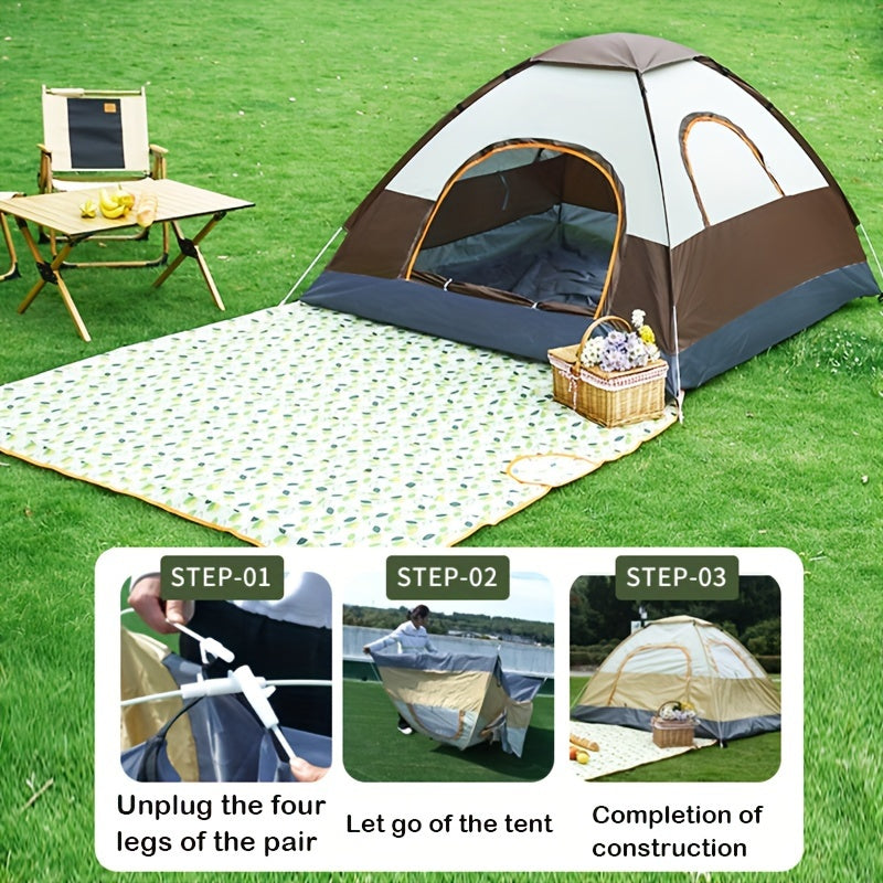 Portable camping tent with sun protection, dual doors, and windows for ventilation, made of durable polyester fabric for family outdoor adventures.