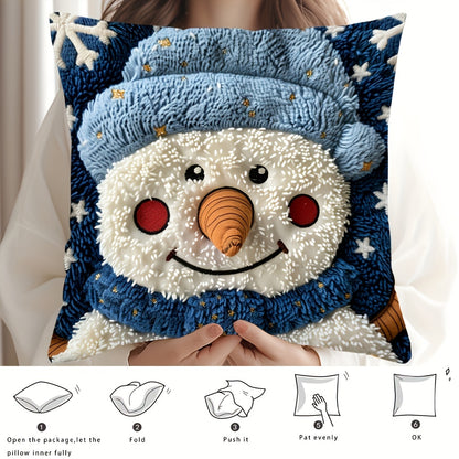 Modern snowman throw pillow cover made of polyester that is machine washable. It has a woven zippered pillowcase suitable for living room sofa, autumn farmhouse, patio, and porch decor. Size is 45.72x45.72 cm.