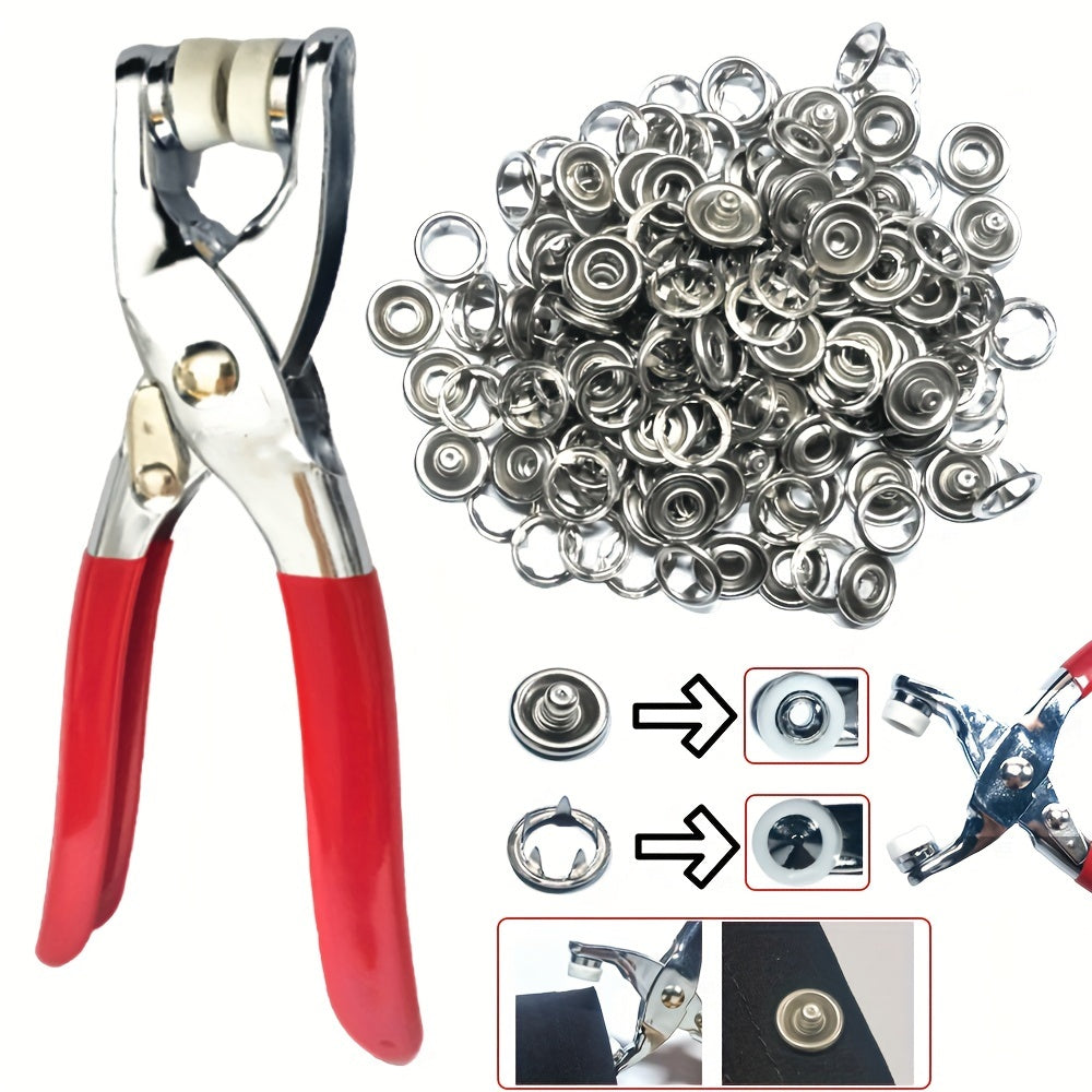 Set includes 200 metal sewing buttons and snap fastener pliers for easy clothes buckle installation.