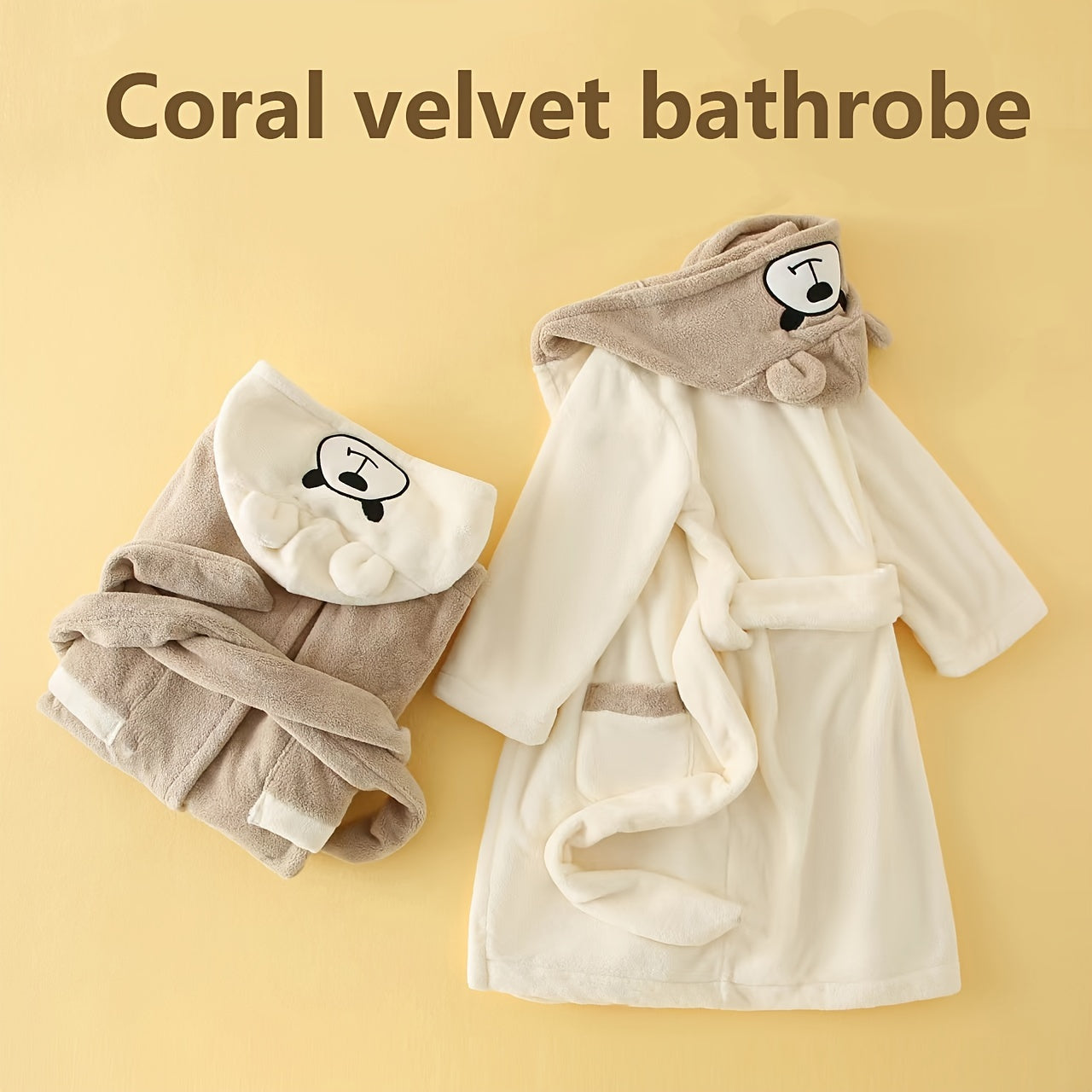 Soft coral fleece bathrobe for kids with hood, cartoon bear design, and thick warmth. Machine washable and perfect for all seasons.