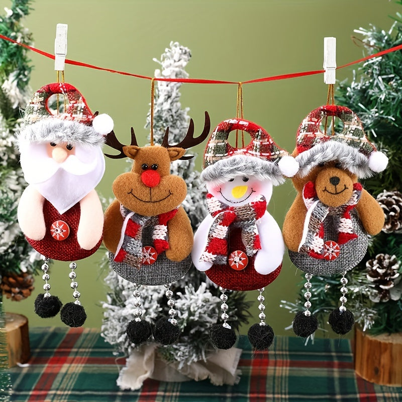 Set of 4 festive Christmas hanging pendants featuring Santa, snowman, reindeer, and bear decorations for tree and home decor. Perfect for holiday party and room decorations.