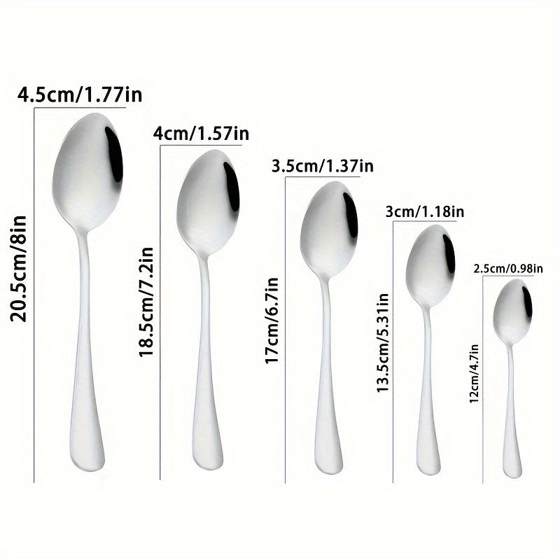 Set of 6 stainless steel spoons in various sizes for serving soup, coffee, and dinner in the kitchen and dining room.