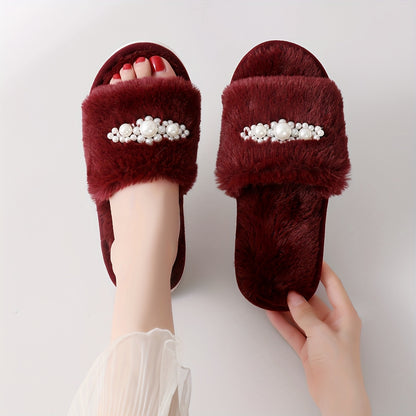 Stylish Faux Pearl Home Slippers with Plush Lining and Non-slip Sole