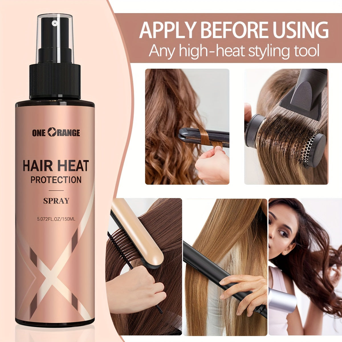 150ml Hair Heat Protection Spray with Keratin for moisture and elasticity.