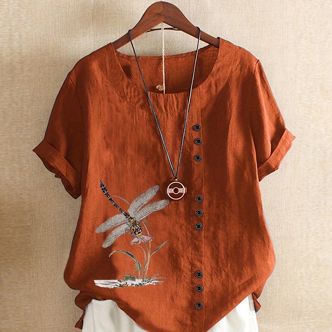 New style casual loose linen printed short-sleeve pullover shirt for plus-size women.