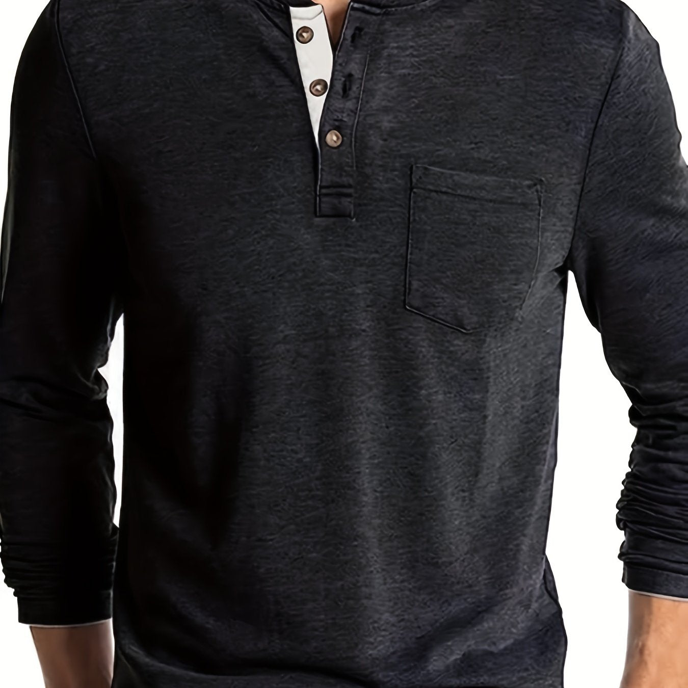 Men's plus size Henley shirt made of a polyester-viscose-spandex blend with a casual polo collar, pocket and slight stretch. Long sleeve slim fit perfect for big and tall adults in spring