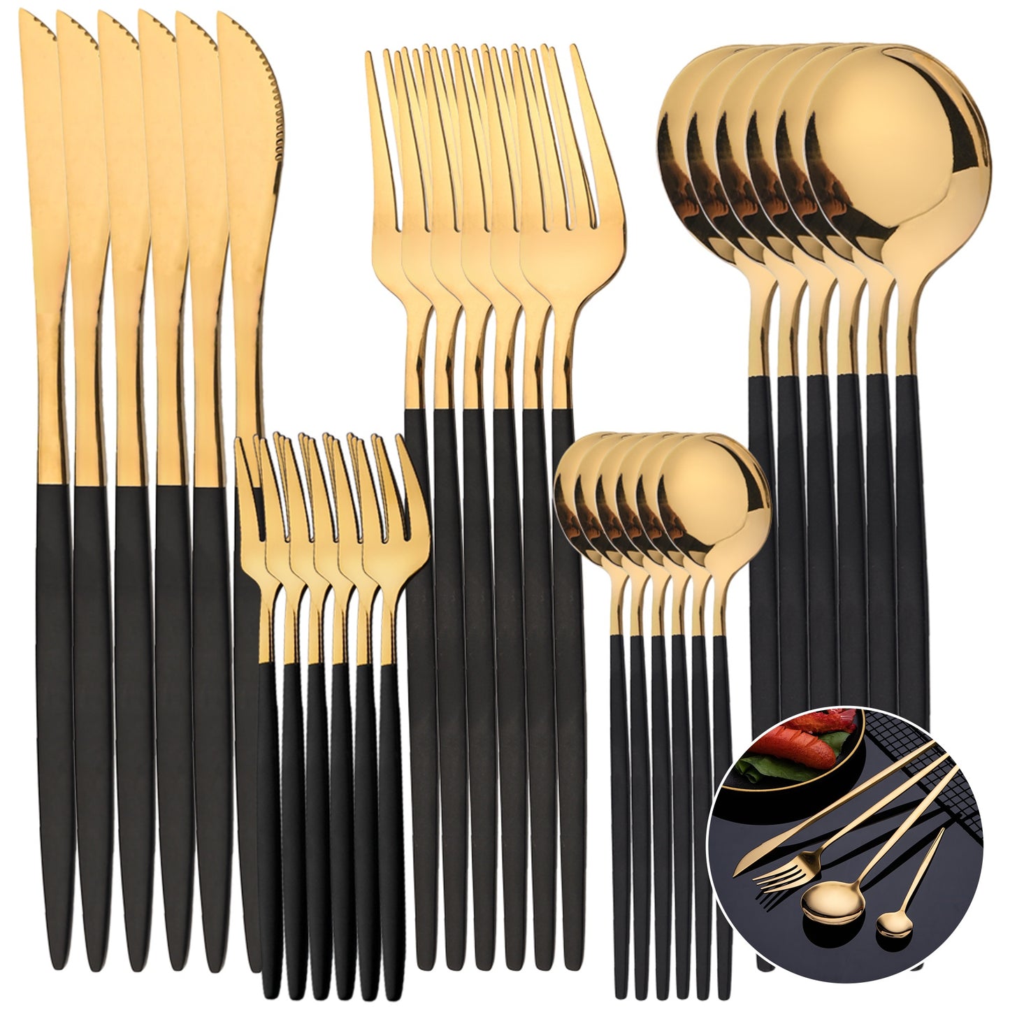 30-piece stainless steel cutlery set with elegant golden and black design. Durable and dishwasher safe, suitable for everyday use.