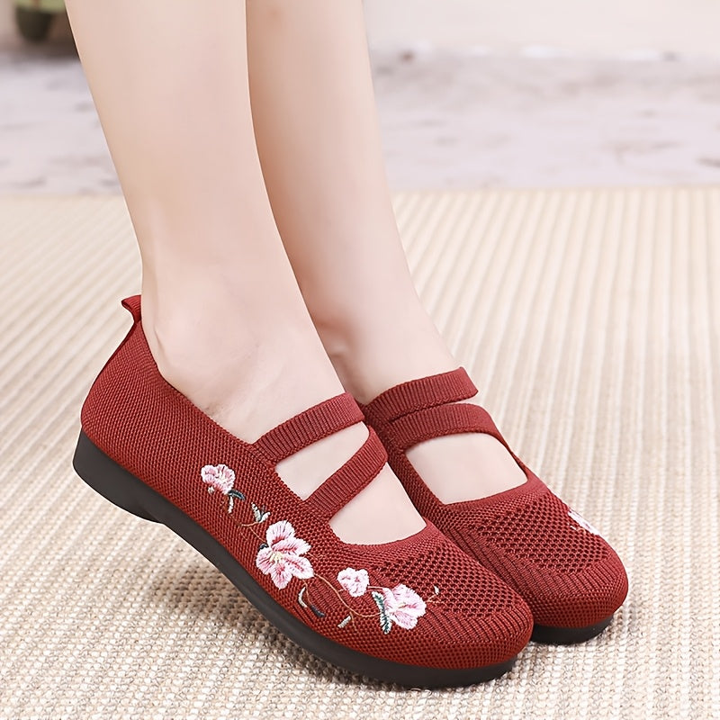 2024 Women's Summer Casual Knit Flats in Purple & Red with Soft Sole & Embroidered Floral Design, Lightweight & Comfortable Textile Footwear