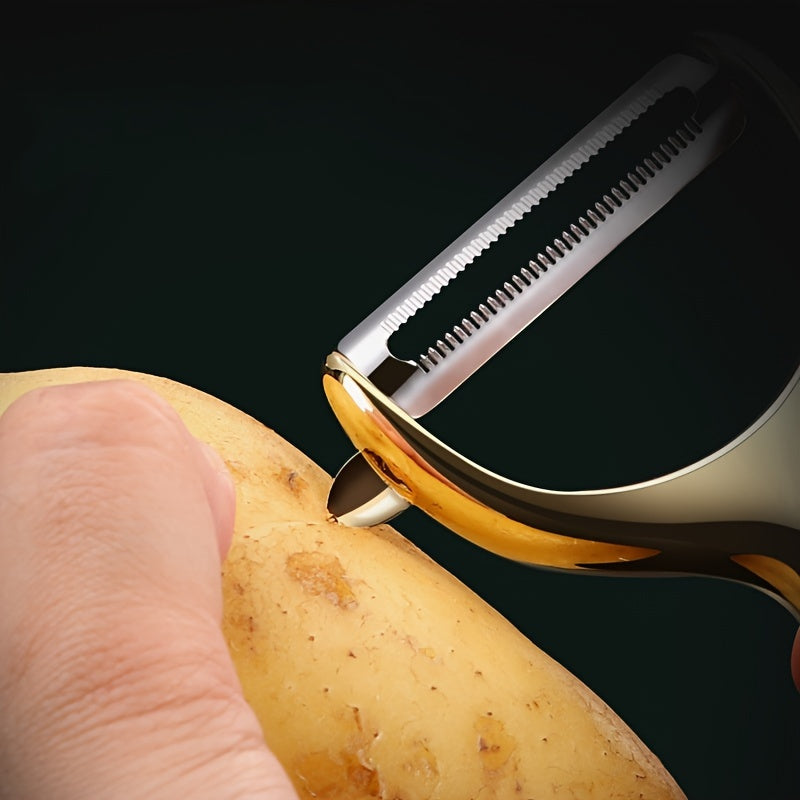 A stainless steel kitchen tool with a wooden handle designed for effortless peeling of potatoes and carrots due to its ultra-sharp blade.