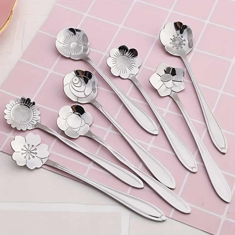 Set of 8 adorable flower-shaped spoons - Ideal for use with tea, coffee, ice cream, and desserts - Made from stainless steel with a luxurious golden and silver coating - Enhance your kitchen decor with these stylish accessories, perfect for a