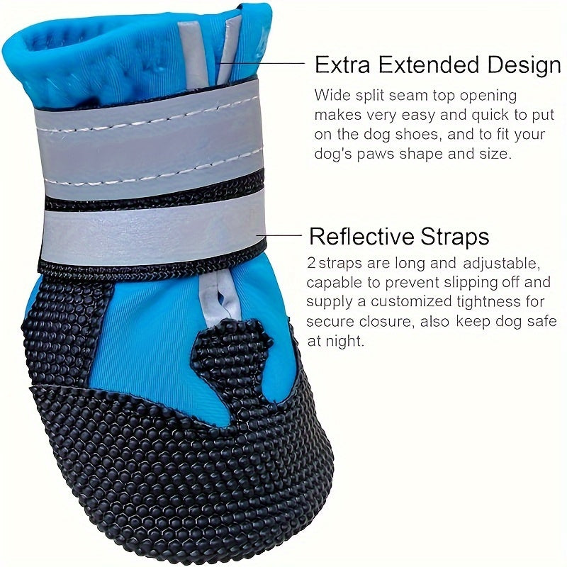 4 waterproof dog boots with reflective straps keep your dog's paws safe and dry.