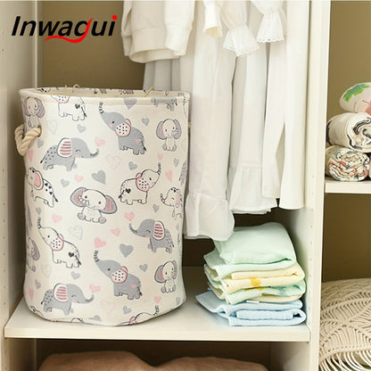 Large foldable laundry hamper with cute animal design, made of thick fabric. Features drawstring lids and can be used as a storage bin for clothes, toys, and other items in the nursery or home. A stylish and practical organizer.