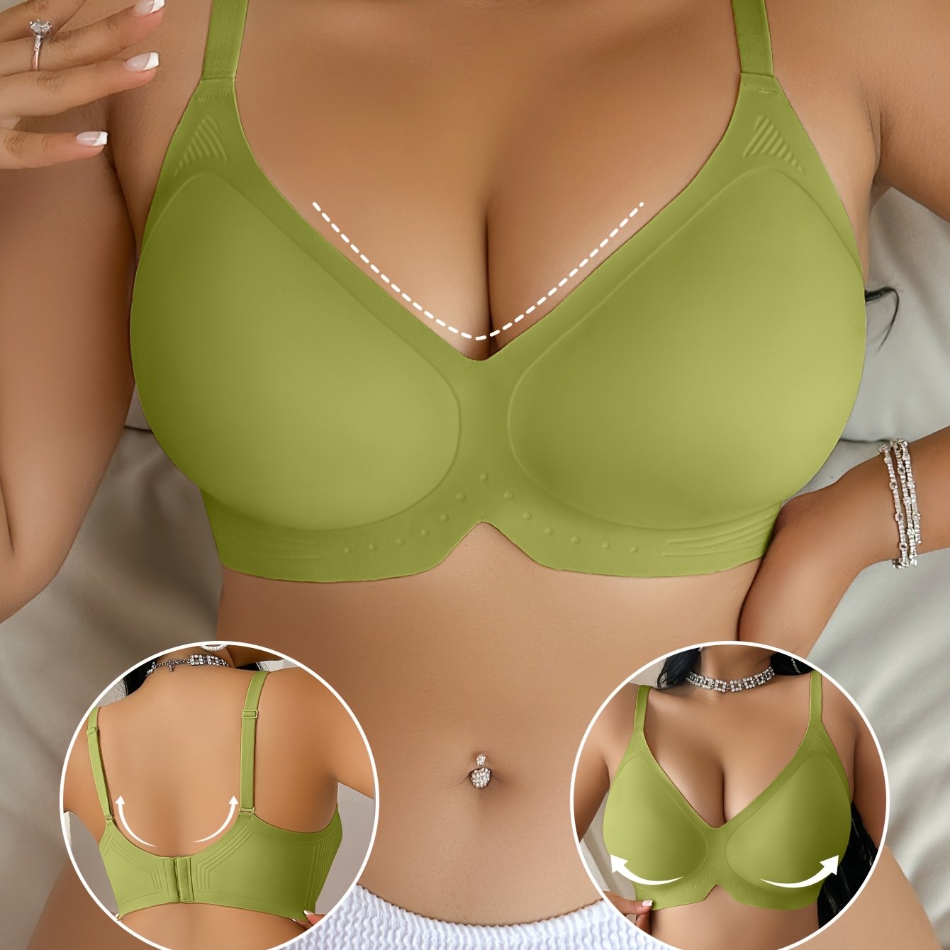 Plus size seamless bra with high elasticity, lift & gather, and anti-sagging features. Made with solid color knit fabric, 75% elastane and 25% elastane. Includes removable padding.