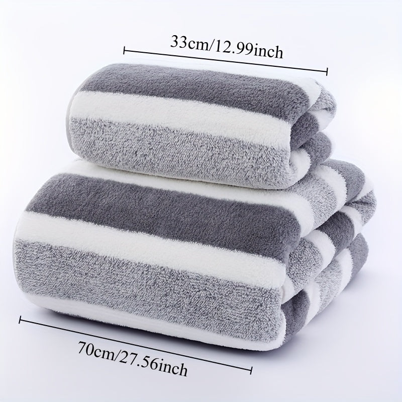 1 Set of Coral Fleece Bath Towels, 100% polyester, 239gsm, soft and absorbent with striped design and edging, perfect for face and body, including wash cloths.