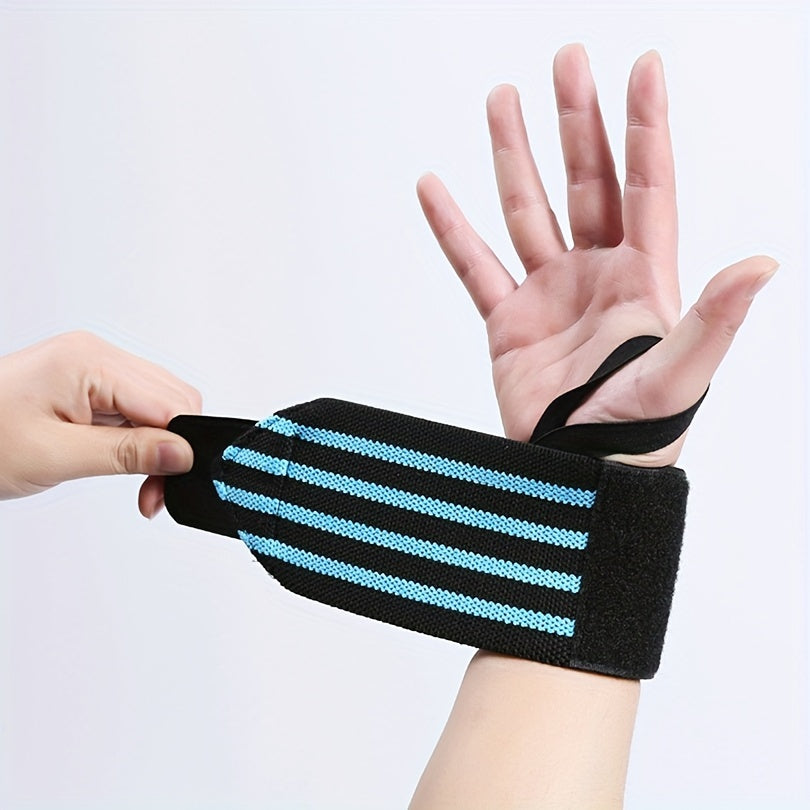 Adjustable compression wrist wrap for weightlifting and dumbbells in blue and black stripes.