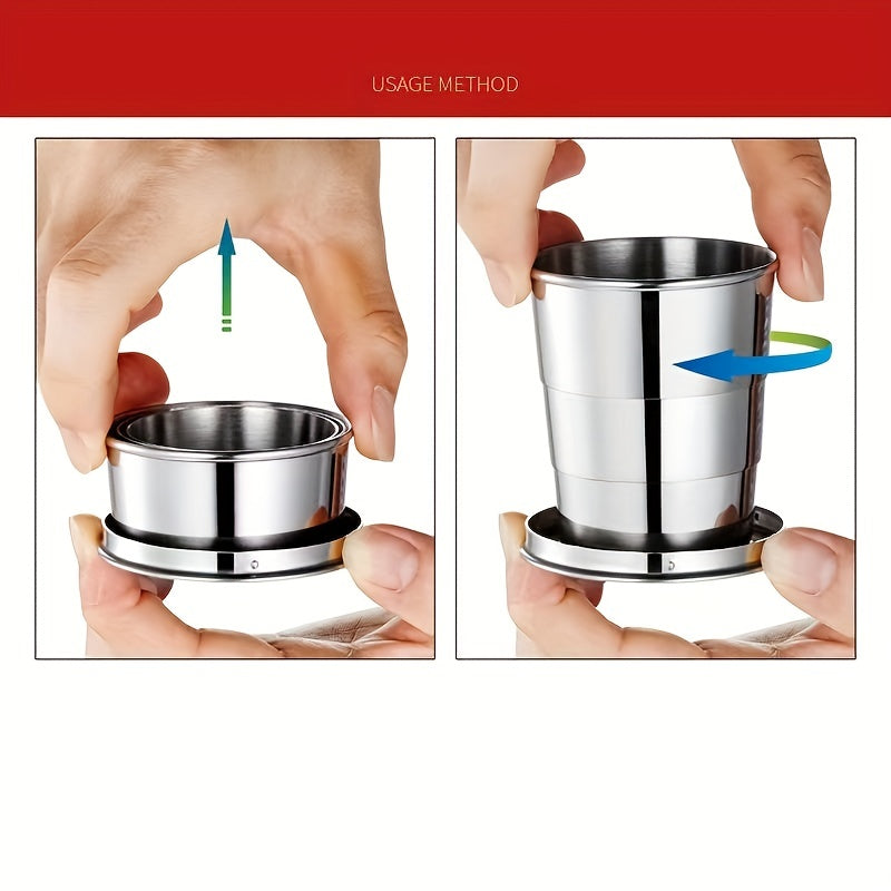 Telescopic stainless steel shot glass; portable foldable cup for water, coffee, or drinks; ideal for travel and home use in various sizes.