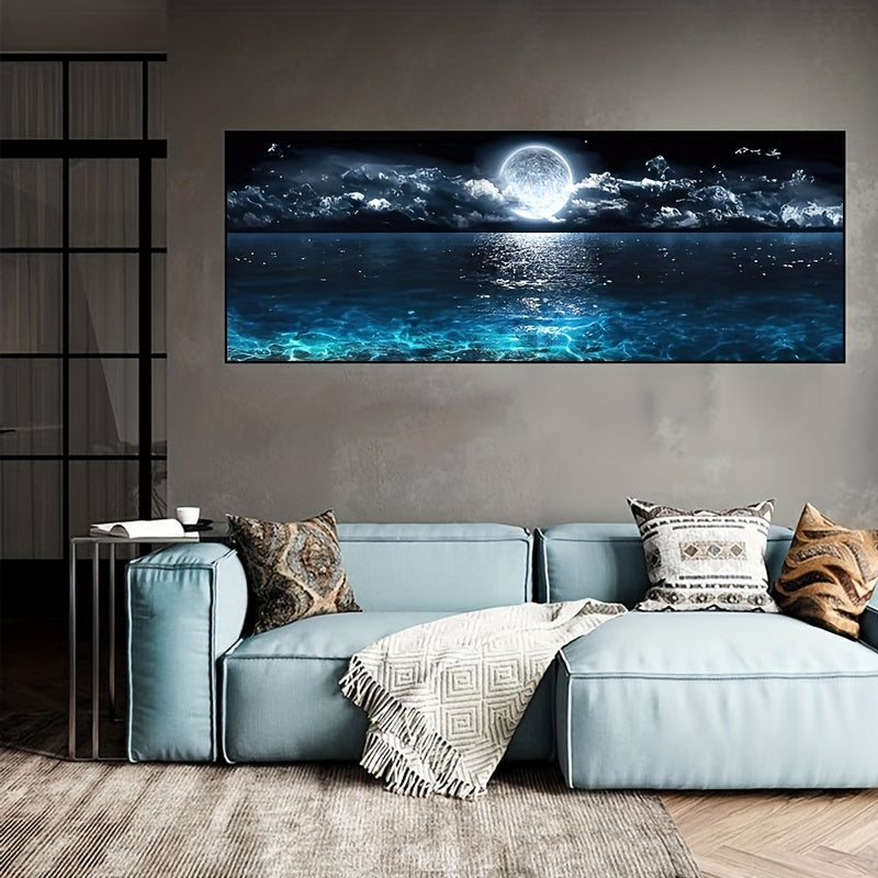 Modern abstract ocean and night moon landscape canvas poster. Ideal gift for bedroom and fall wall decor. Oil painting, no frame included.