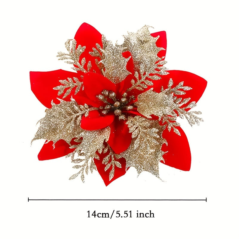 10 golden and silvery artificial Christmas decorations with red flowers, shiny ornaments, tree flower decorations, DIY wreath, holiday grass, and family party decor.