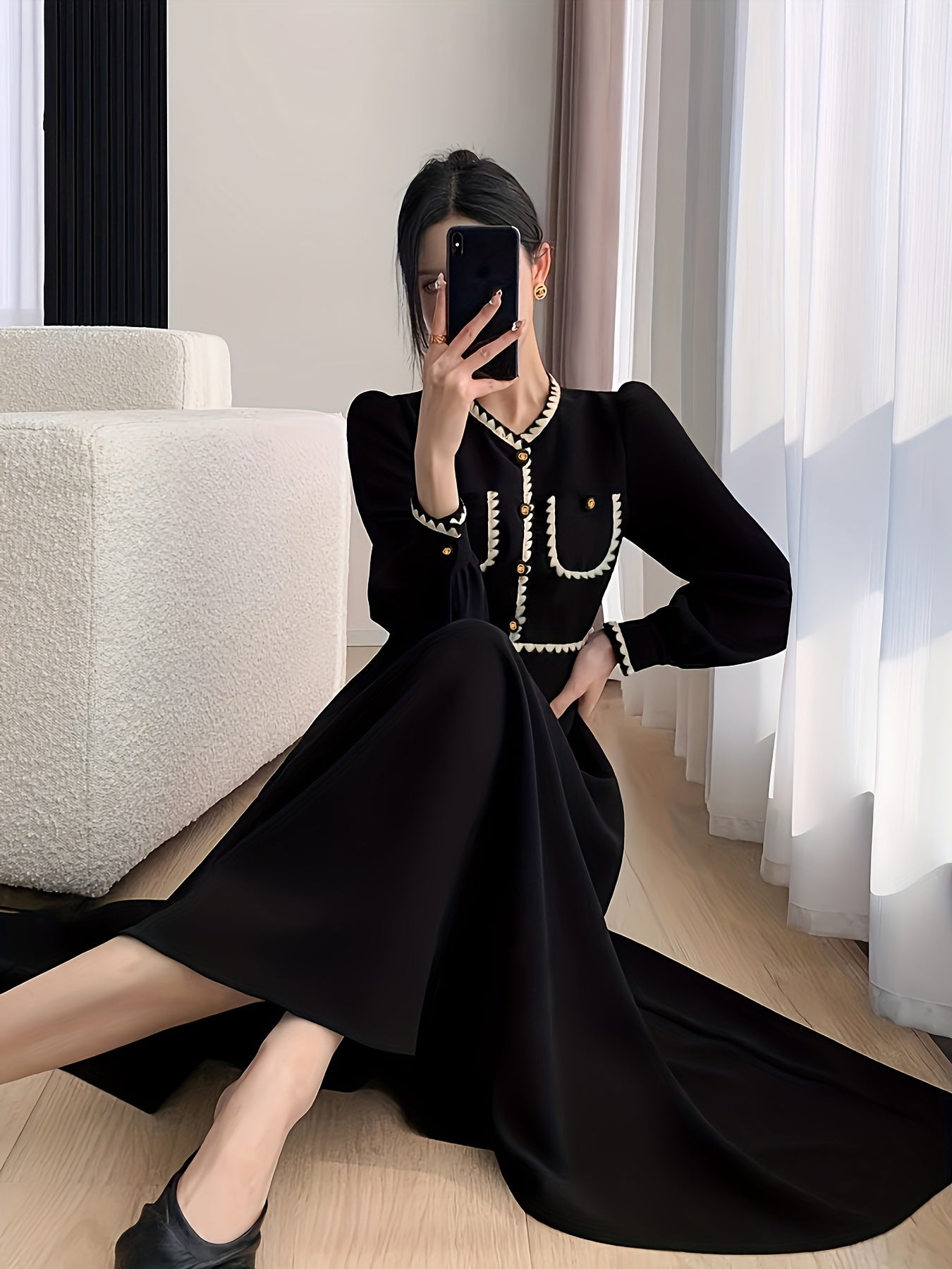 Women's elegant A-line dress with long sleeves, v-neck and made of polyester fabric. Machine washable and suitable for spring, summer, and autumn fashion.