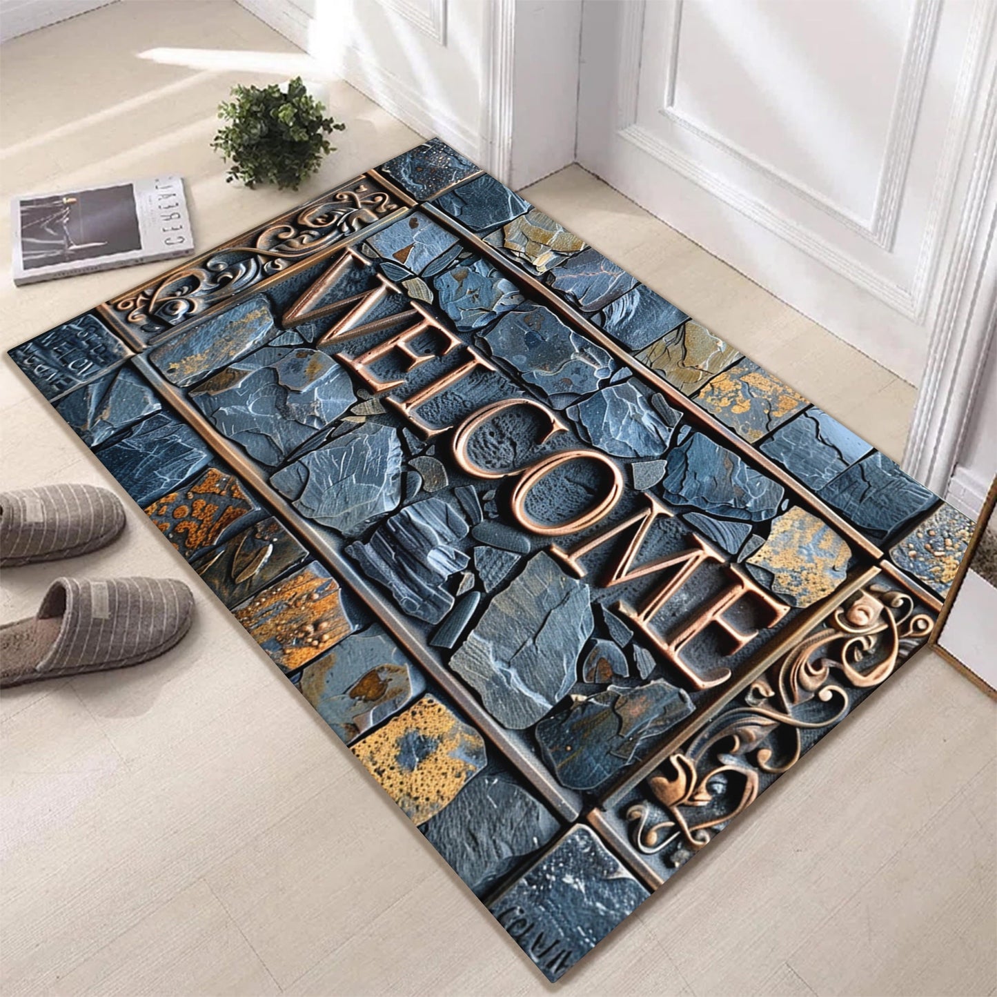 3D Real Stone Pattern Cobblestone Welcome Mat - Durable, Non-Slip & Waterproof, Easy to Clean Polyester Mat for Home Decor, Ideal for Entryway, Living Room, Bathroom, and Outdoor Spaces.