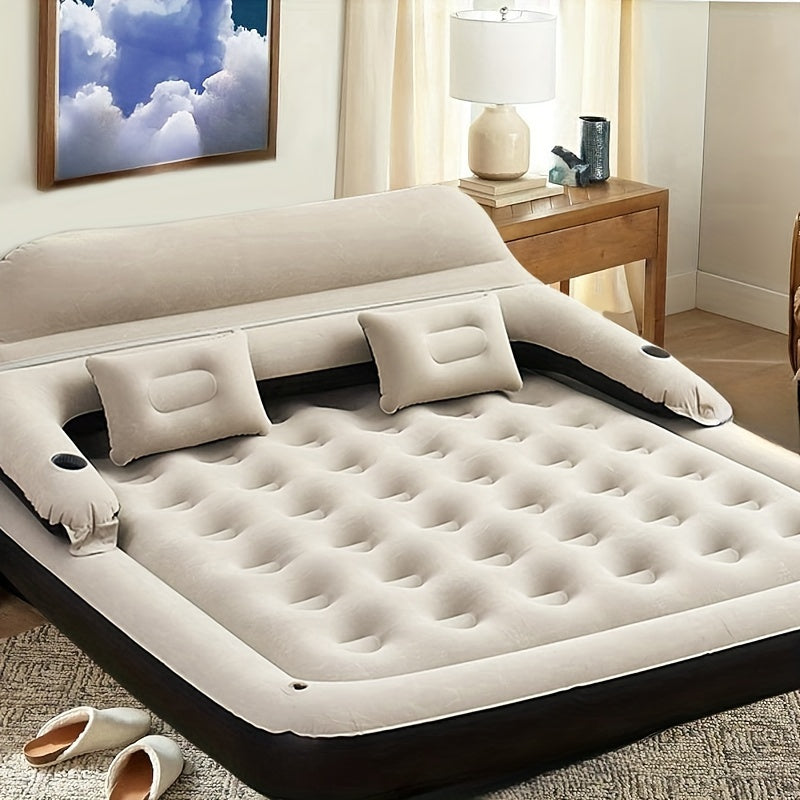 This inflatable air mattress features a headboard and stands at a height of 71.12cm. It has a comfortable flocked top and deep fill, made of plastic material with a polyester cover. The pump is included, requiring no electricity or battery. Perfect for