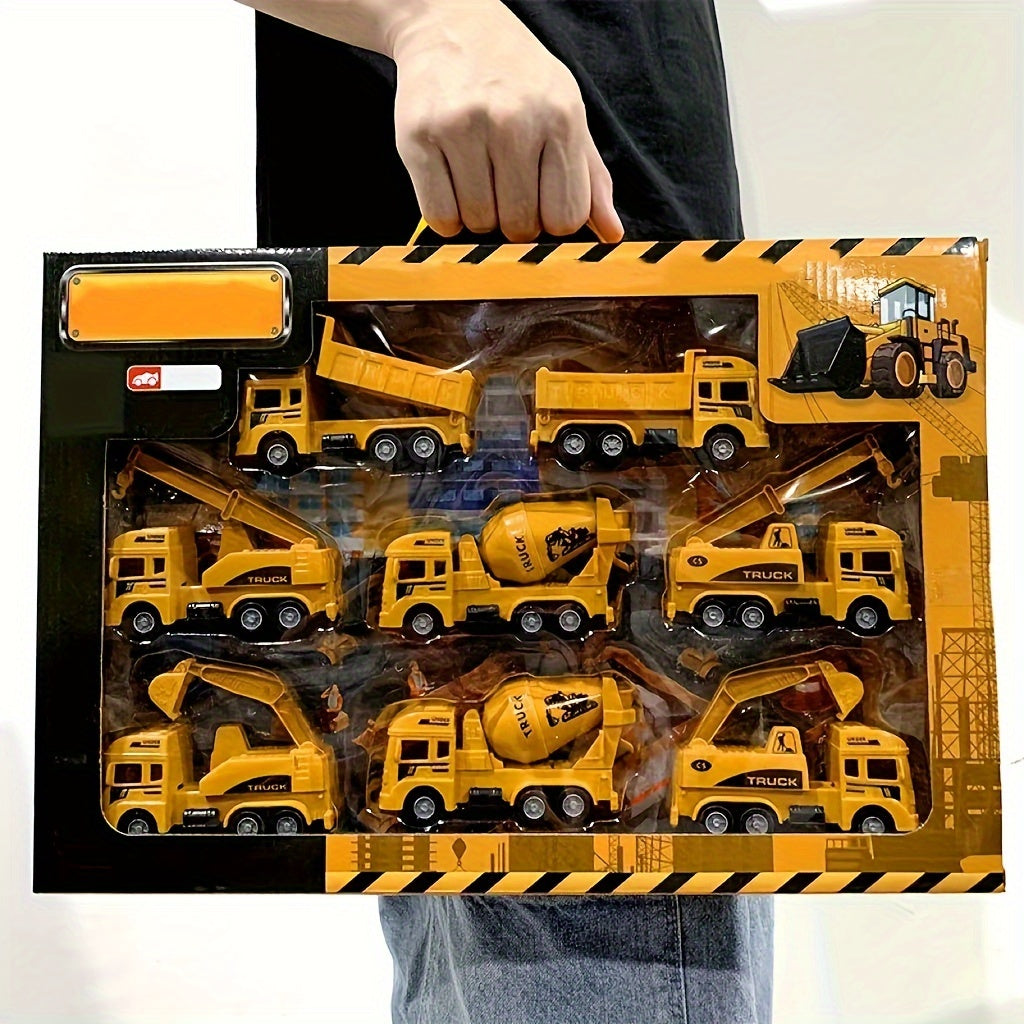 8-piece set includes excavator toy, construction vehicles, and inertia-powered excavator combination - great for learning about transportation tools and as a gift option.