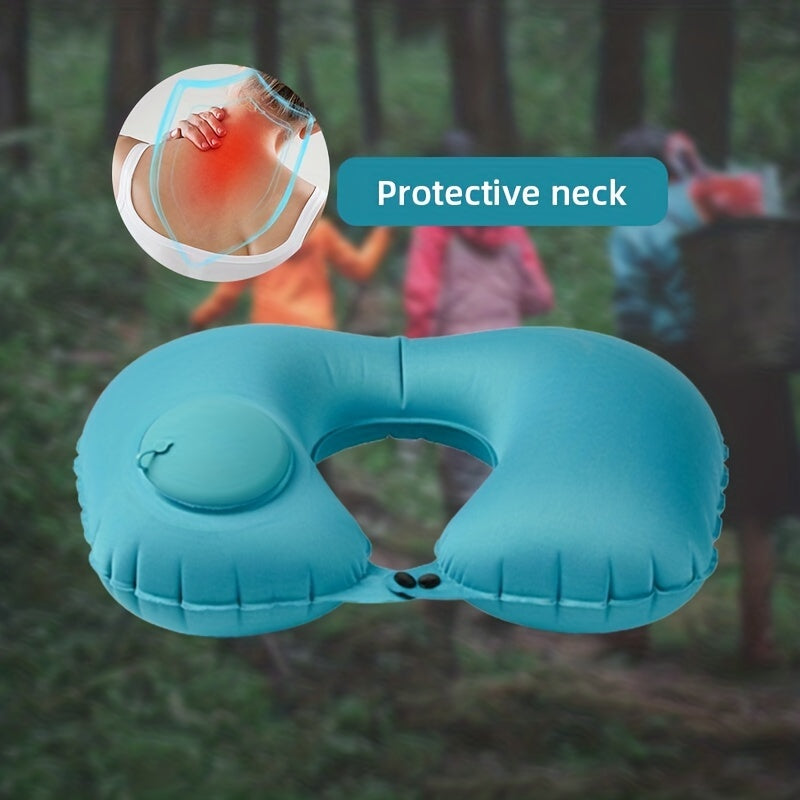 Soft and portable U-shaped inflatable pillow designed for comfortable sleeping while traveling on airplanes, trains, or in the office