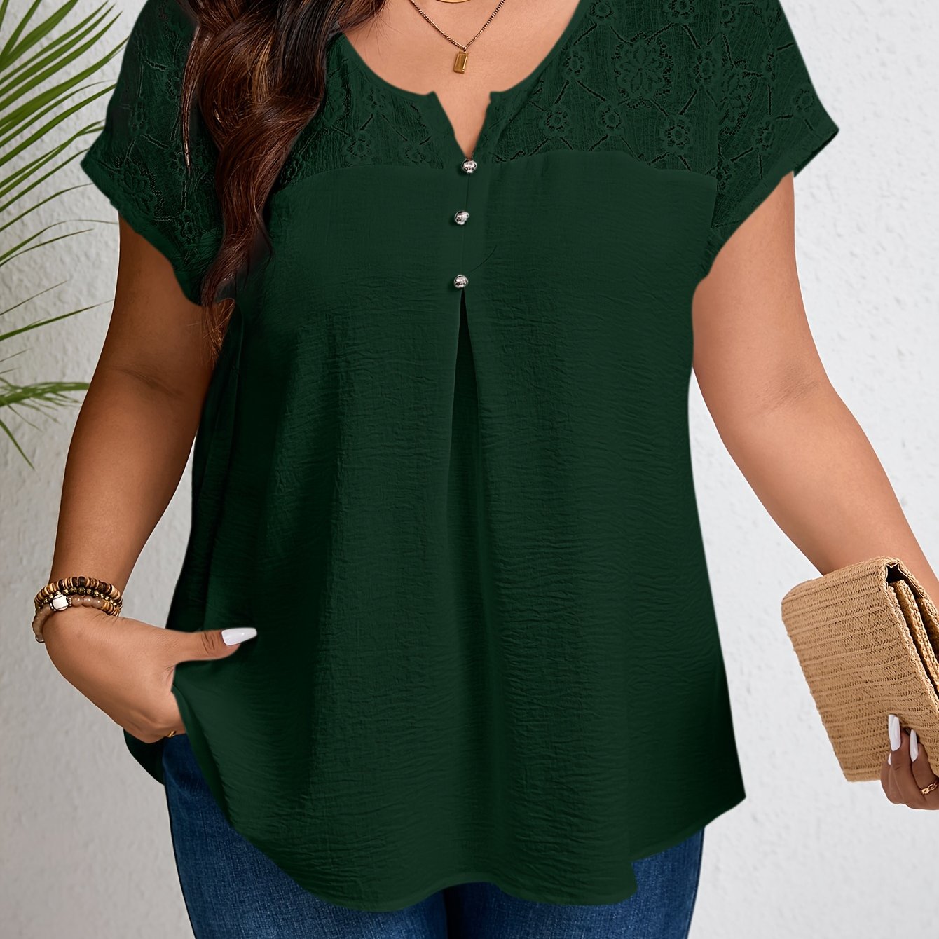 Plus Size Lace Top with Button Details, Short Sleeve Notched Neck, Perfect for Spring & Summer