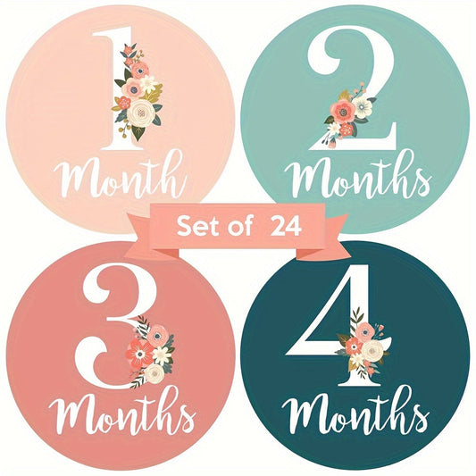 Monthly Milestone Stickers - Set of 24, featuring Floral Designs for Monthly Growth Milestones; Perfect Keepsake Gift for New Parents