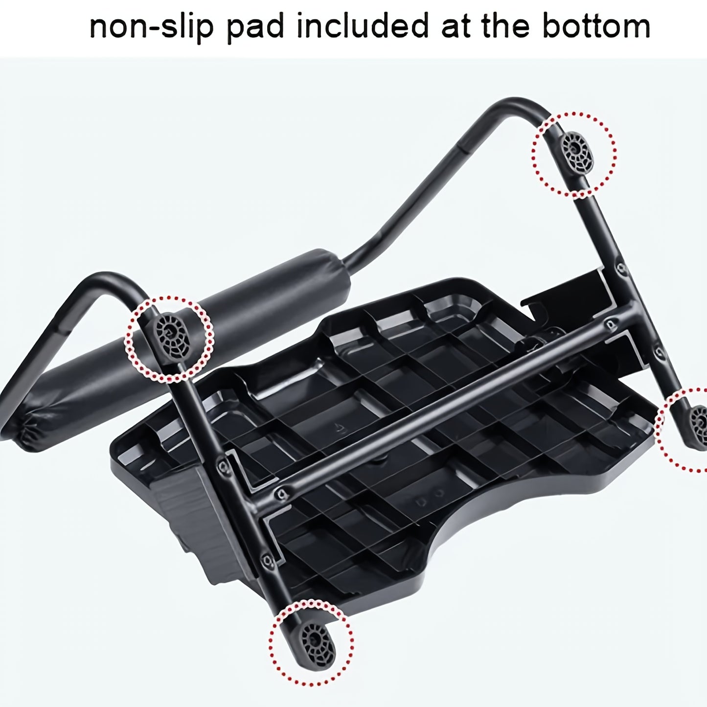 Adjustable ergonomic footrest stool for office use, non-electric, black plastic material.