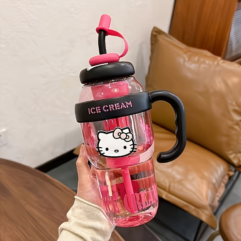 Large Sanrio Hello Kitty water bottle with straw, ideal for sports, office, camping, home, and school use. Made from high-temperature resistant PET plastic.