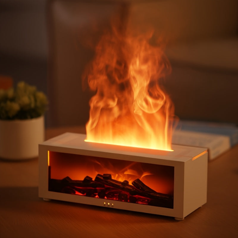 Silent, flame-inspired humidifier with remote control, USB powered, generates large mist output - ideal for small spaces.