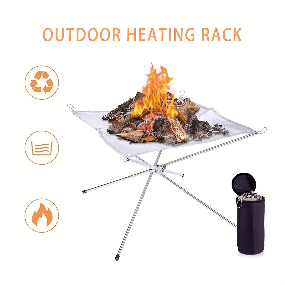 Portable Campfire Pit Grill made of stainless steel with a collapsible fire stand for camping, picnic BBQ. Includes a log carrier holder and carrying case.