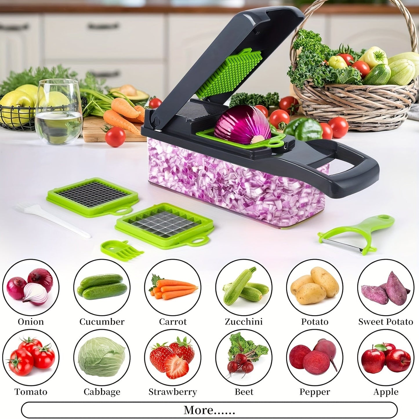 Get ready for all your holiday cooking with the 16-in-1 Multifunctional Vegetable Chopper & Slicer Set! This set includes 8 blades, an onion mincer with a container, making it perfect for Halloween, Christmas, Easter, and Thanksgiving meals. This