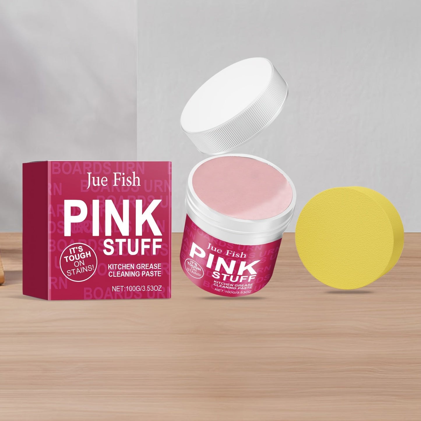 Pink Stuff Kitchen Grease Remover Cream is a 100g residue-free multi-surface cleaner that comes with a sponge. Infused with coconut oil, it effectively removes stubborn stains on wood, plastic, glass, metal, and ceramic surfaces.