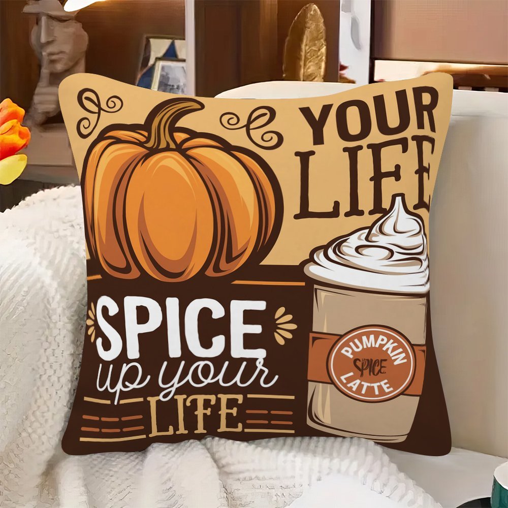 Autumn Pumpkin & Latte Design Pillow Cover - 1pc, Single-Sided Print, Made of Durable Polyester Fiber, Festive Home Decor for Sofa & Living Room, Size: 45.72x45.72 cm