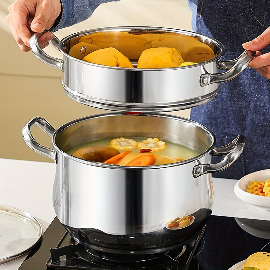 Stainless Steel Double-Layer Steamer Set with 3 Pieces - Perfect for Home, Parties, and Restaurants - Large Capacity, Dual Handles, Deep Soup Pot, and Dishwasher Safe