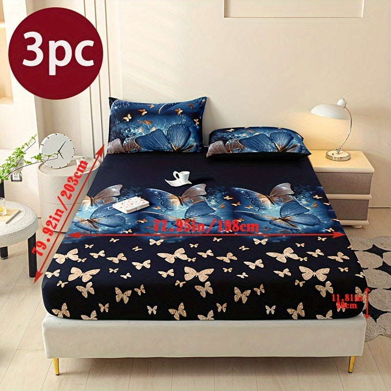 Butterfly Floral 3-Piece Bedding Set with soft polyester fitted sheet, 2 pillowcases, and floral pattern bedspread. All-season, machine washable.