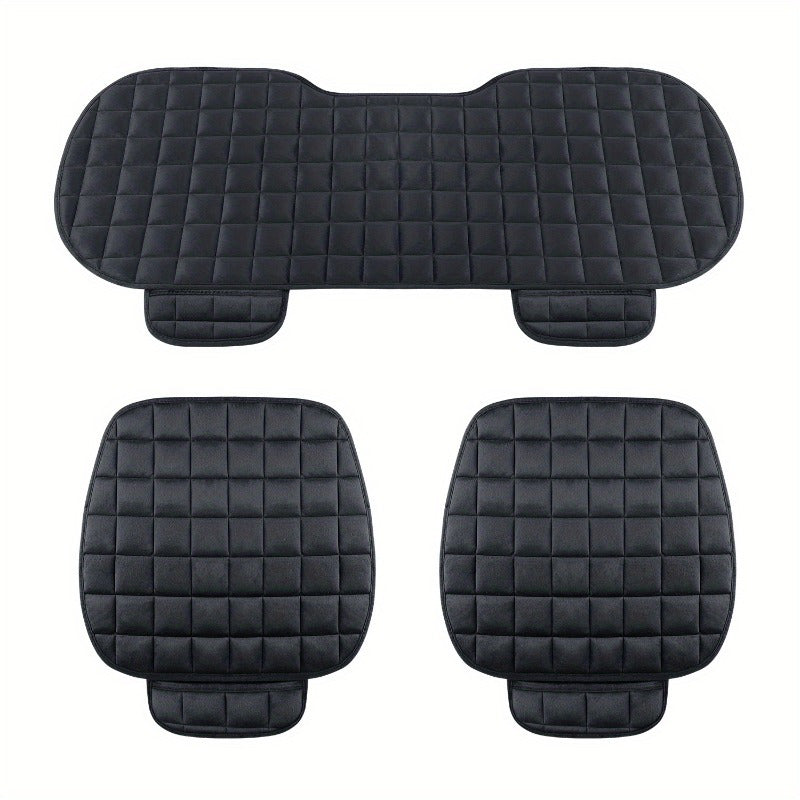 Set of three plush car seat covers with square and oval patterns, hand washable, lightweight, durable, and universal fit. Not dry cleanable.