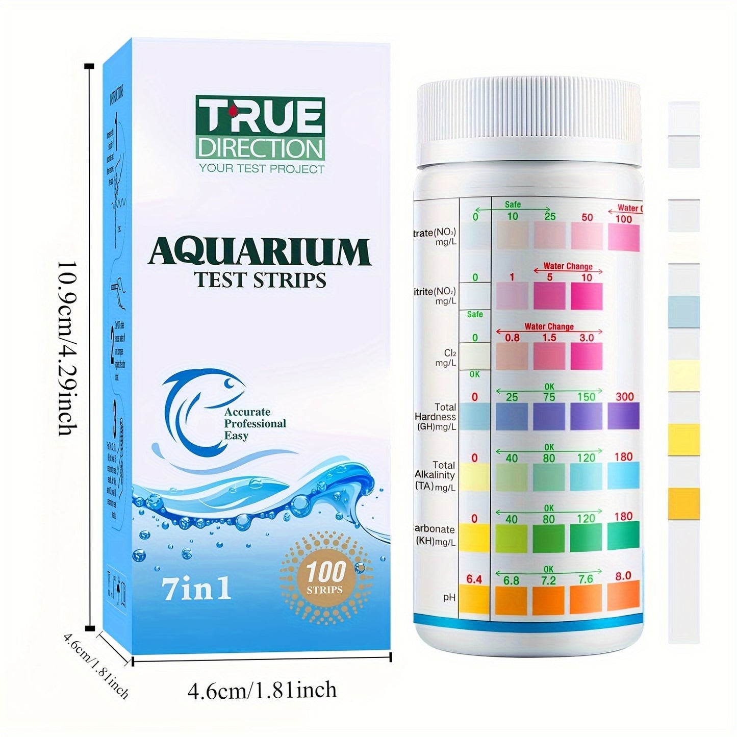 7-Way Aquarium Pool & SPA Test Strips for freshwater and saltwater fish tanks, ponds. Tests PH, Alkalinity, Nitrite, Nitrate, Chlorine, Carbonate, Hardness.