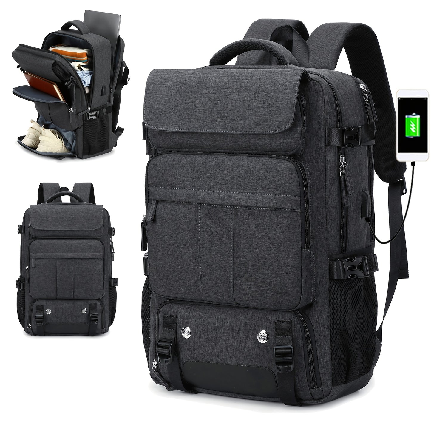 Spacious travel laptop backpack with USB port, shoe compartment, and 15.6-inch laptop sleeve. Suitable for college, business, and school seasons. Made of polyester with adjustable straps