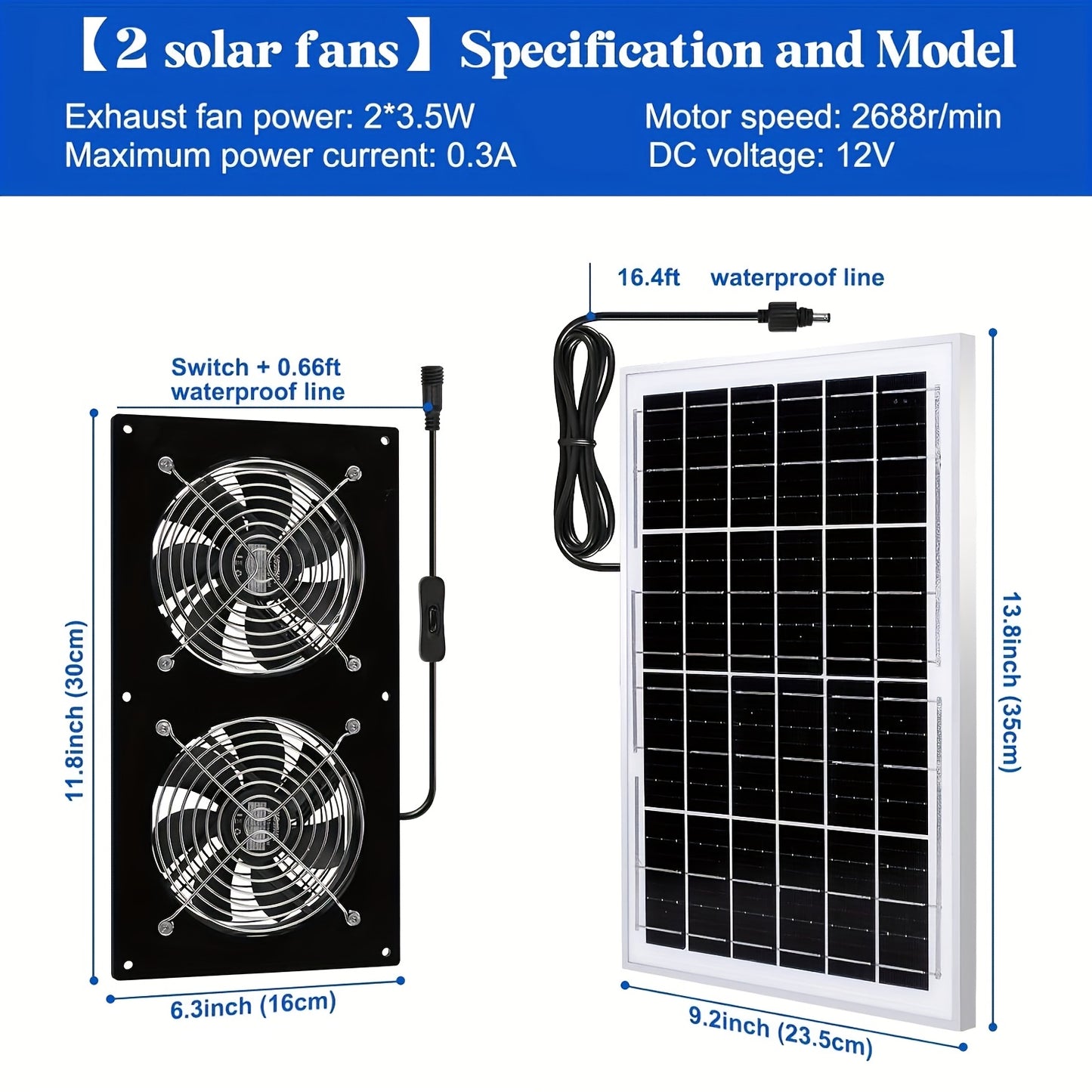 15W solar panel powers dual 12V attic fans for ventilation in loft, shed, barn, chicken coop, and dog kennel.