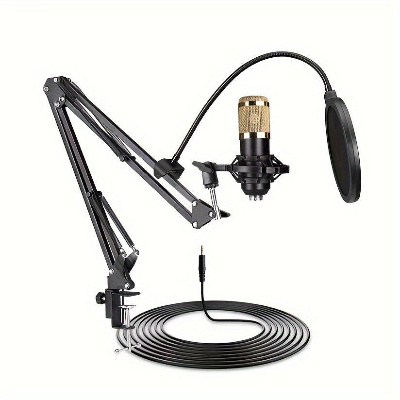 Black and Golden BM-800 Full Metal Microphone Set, USB Powered, 3.5mm Jack, Multi-Purpose Condenser Mic for various uses - Rzosom, Metal Condenser Microphone, Hanging, Anti-spray Net