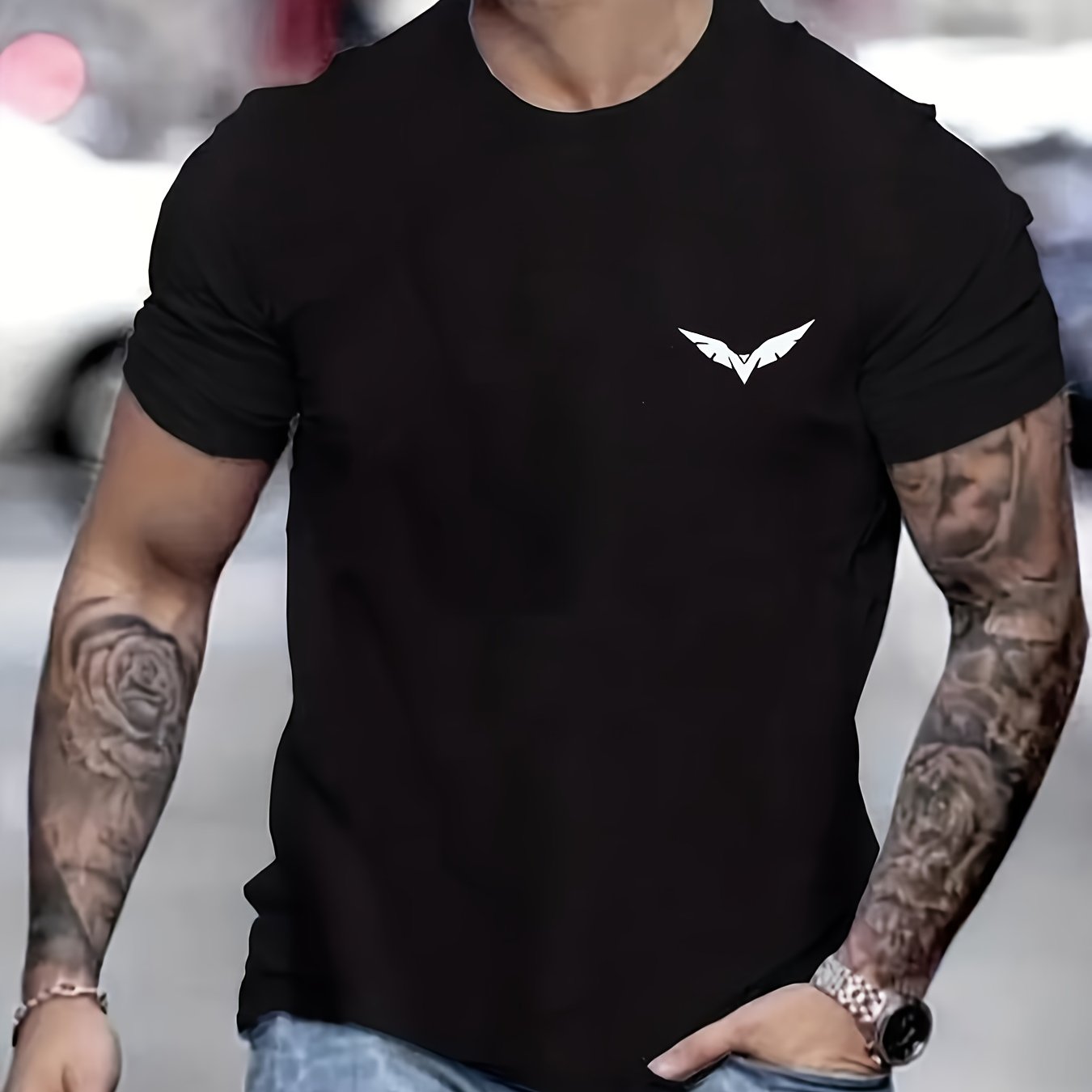 Men's casual crew neck t-shirt, 100% polyester knit fabric, solid color short sleeve top suitable for all seasons.