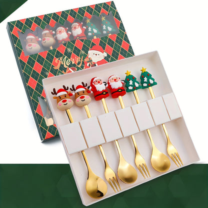 Christmas-themed stainless steel cutlery set includes 4 or 6 pieces in a gift box, featuring Santa, Christmas tree, and reindeer figurine designs. Perfect for serving desserts, cakes, fruit, and coffee during the holiday season. Great gift idea for