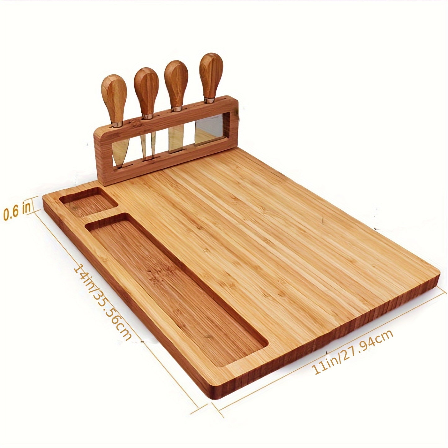 Versatile bamboo cheese board set with knife for festive occasions – perfect for serving cheese, fruit, and nuts.