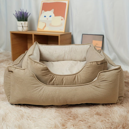 Square pet bed for medium to large dogs, cozy and warm with polyester fiber and pillow cushion, perfect for winter comfort. Beige, non-assemblable design.